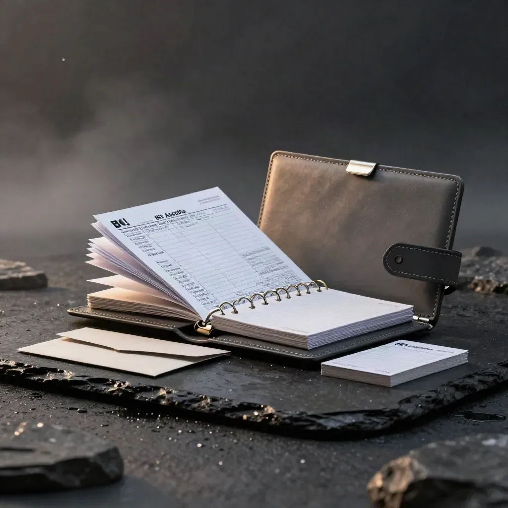 Crypto plan starter pack with case, folio, risk sheets and follow-up cards on wet slate.