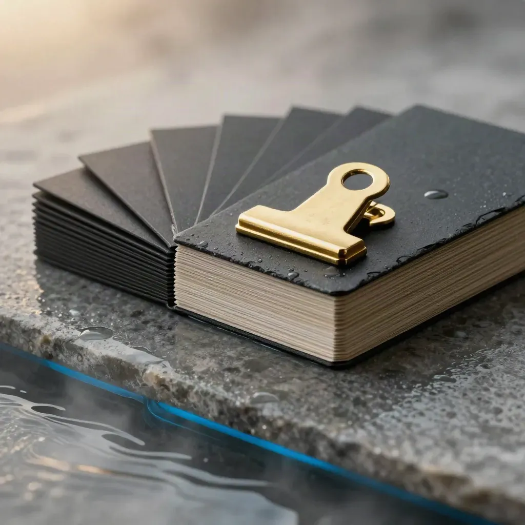 Wet risk-check deck on stone with black dividers, token and brass clip in cool mist.