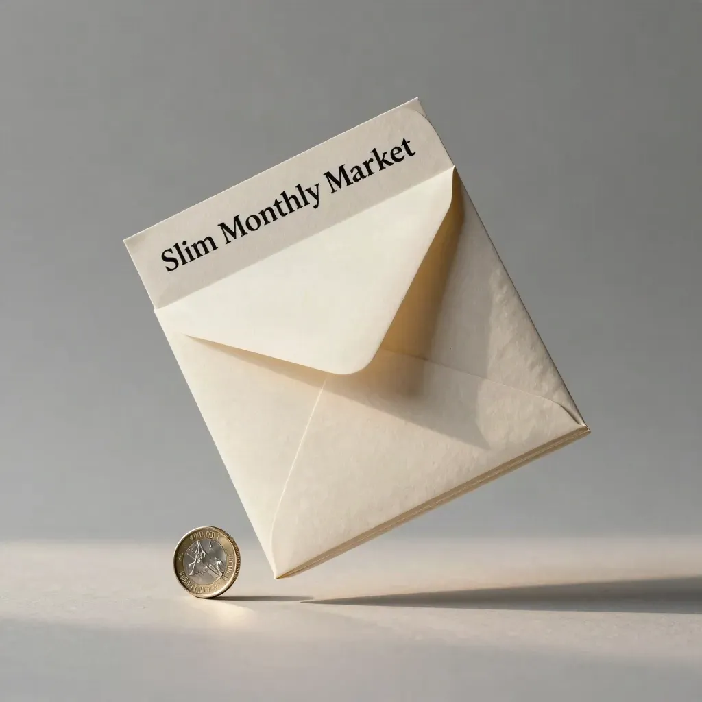 Floating booklet, envelope, tab strip and paperweight on a pale plaster background