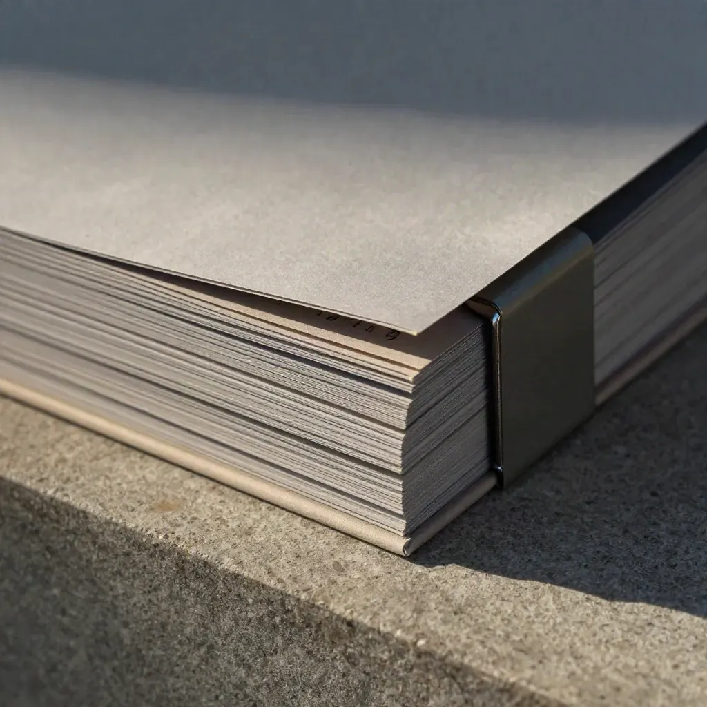 Open portfolio review deck on stone, fanned pages, silver tabs, graphite clip, dusty studio light.