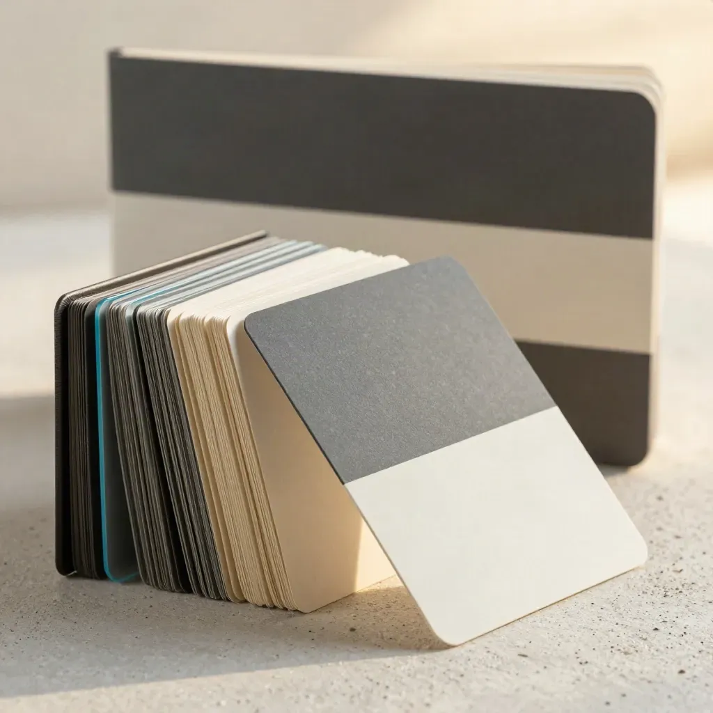 Altcoin watchlist research cards and tabs fanned over pale concrete