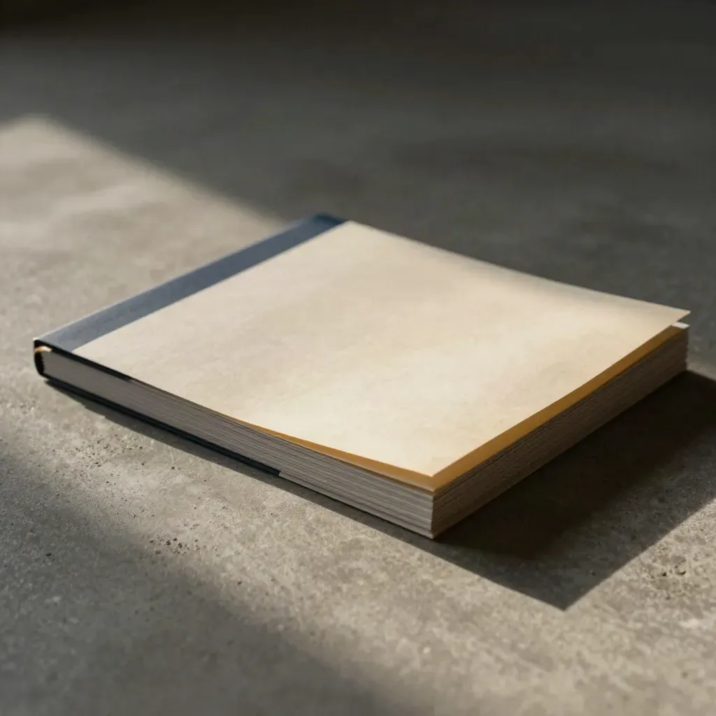 Small fund report stack on brushed concrete with pale sleeves and a lifted corner in moody studio light