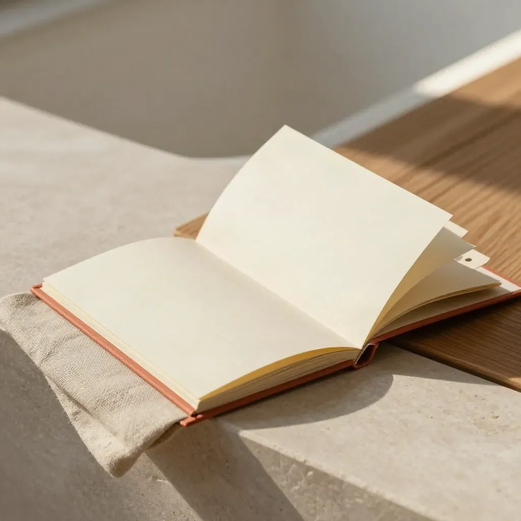 Folded Bitcoin DCA guide booklet, slim sleeve and tabs on linen beside an oak seam.