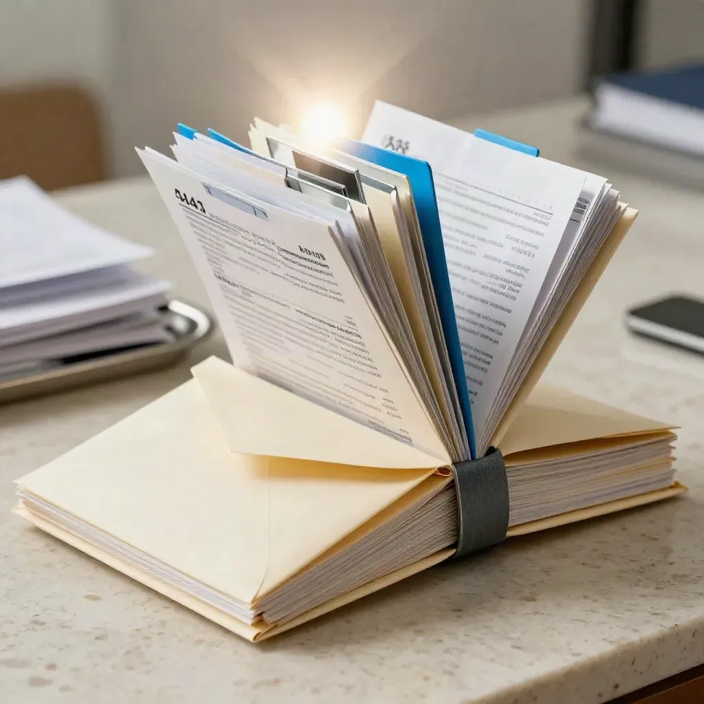 Unmarked envelope, divider tabs, and tax review papers on travertine with electric-blue accents.